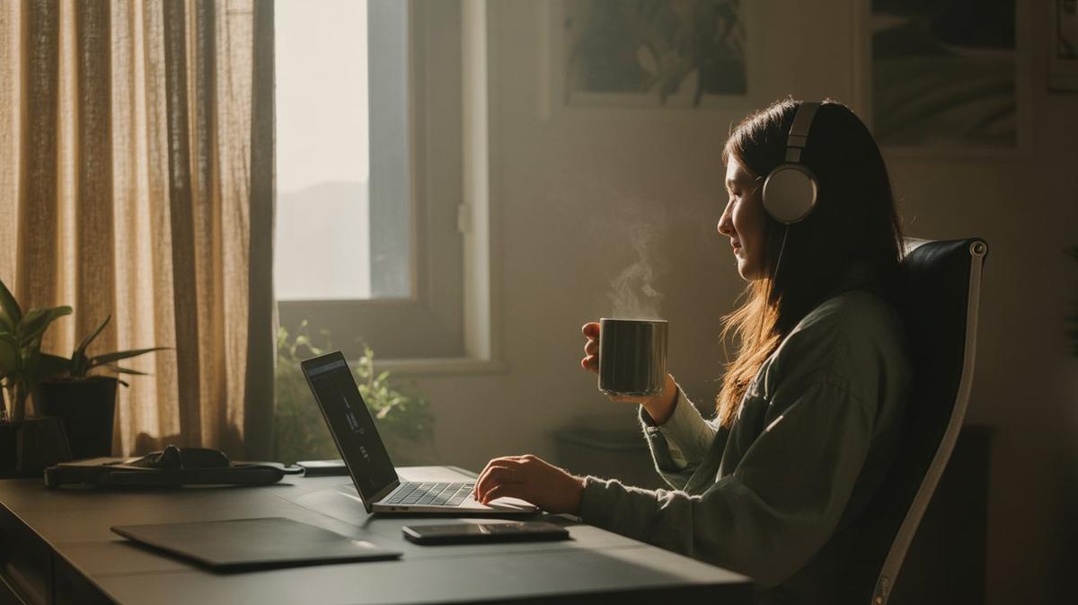 Calm morning home office with coffee and headphones