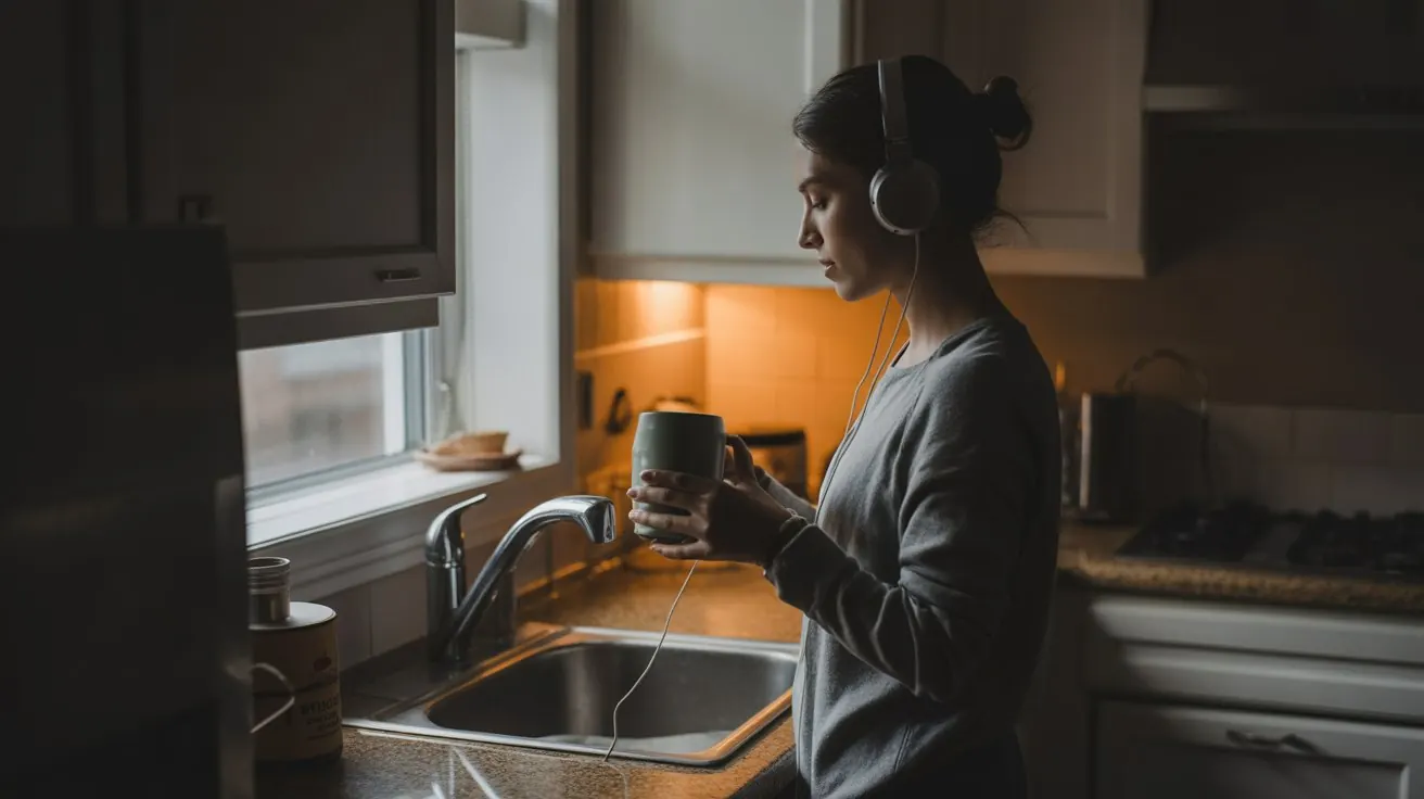 Coffee refill in a home kitchen with headphones on