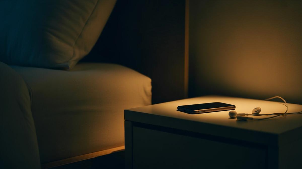 Dark bedroom with a softly glowing phone on the nightstand
