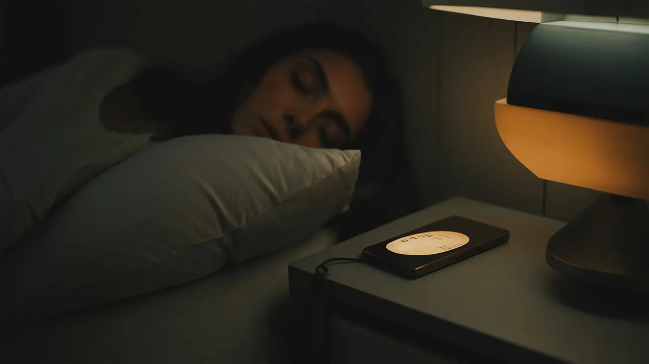 Nightstand at lights-out with a faintly glowing phone