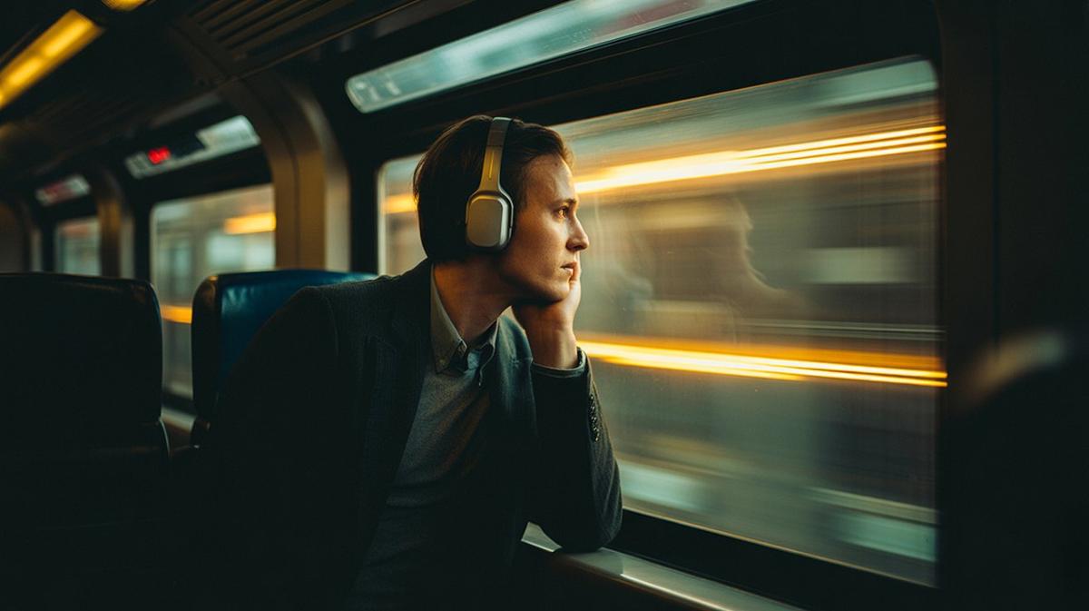 Commuter with headphones watching dawn from a train window