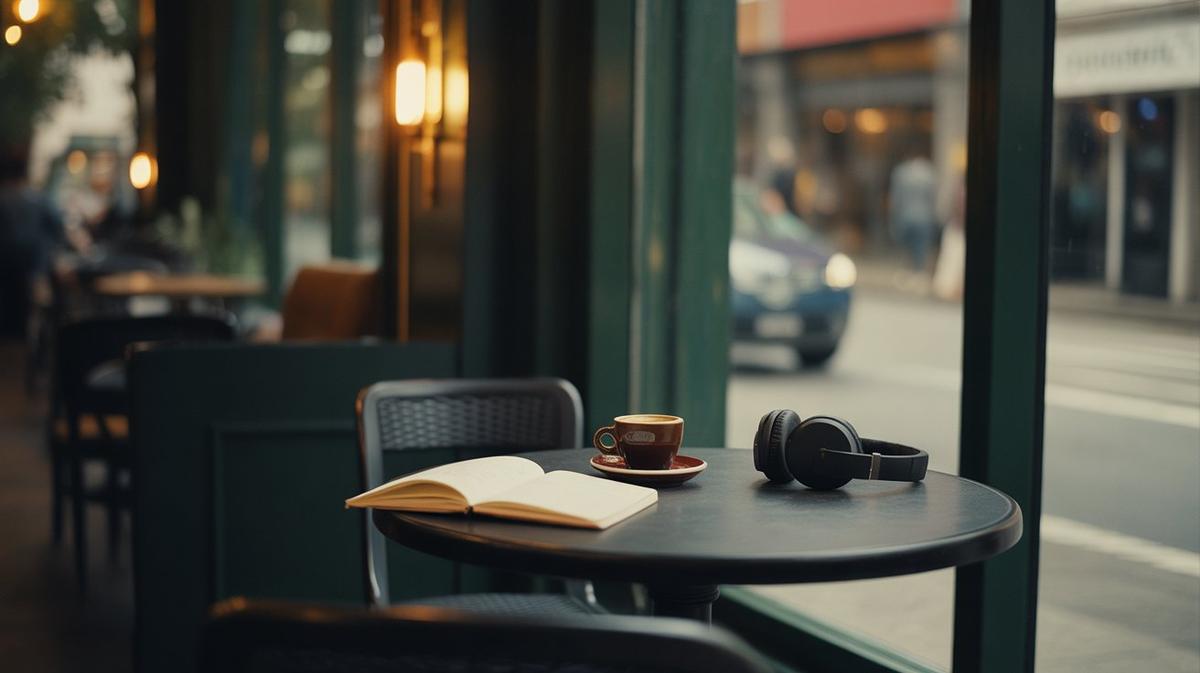 Café table with espresso, notebook and headphones