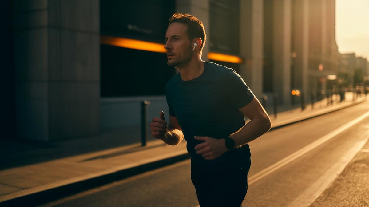Runner with earbuds on a city street at golden hour