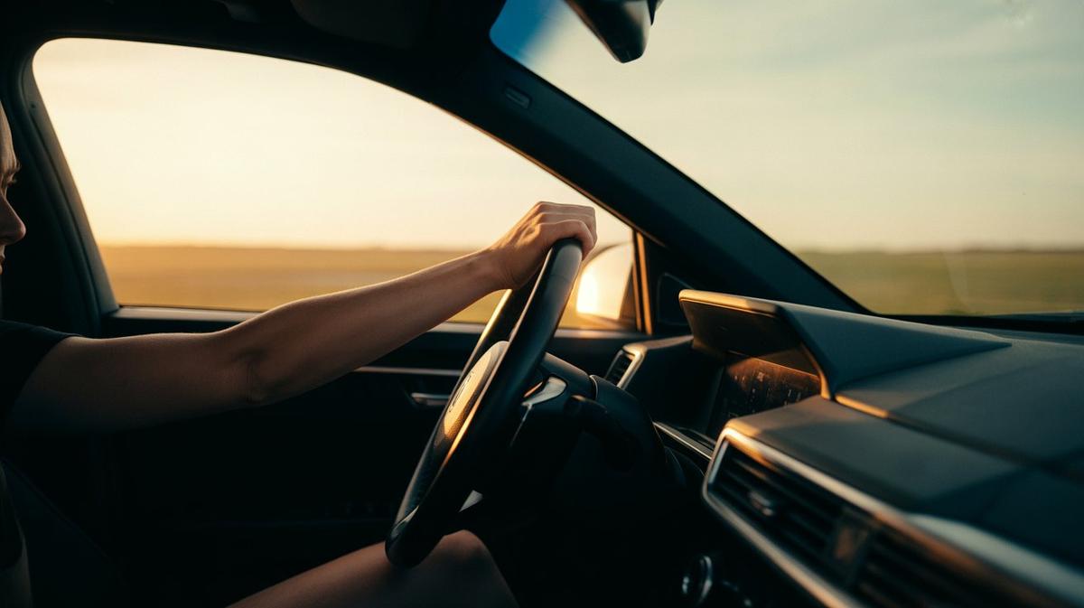 Car interior at sunset on an open road