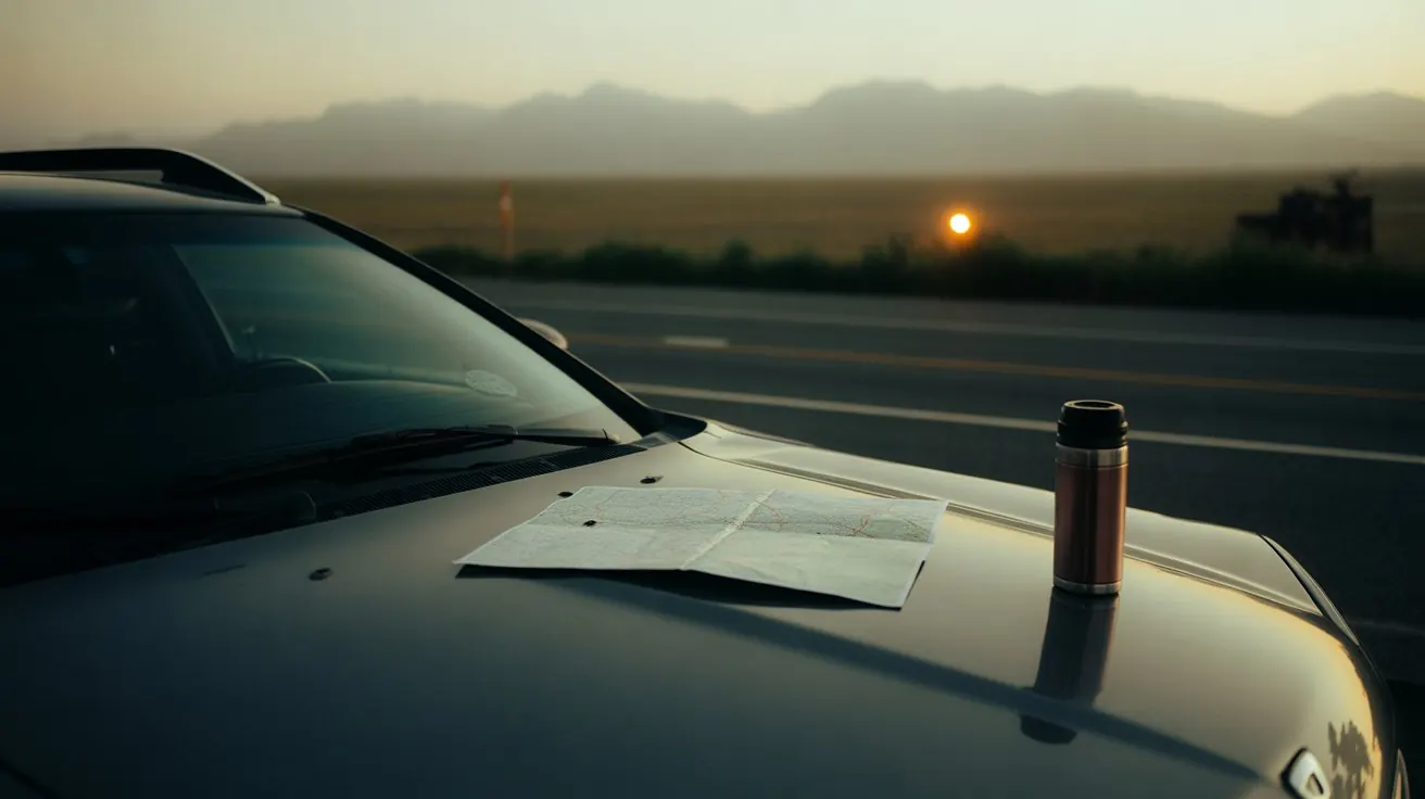 Paper map on a car hood at a roadside stop at dusk