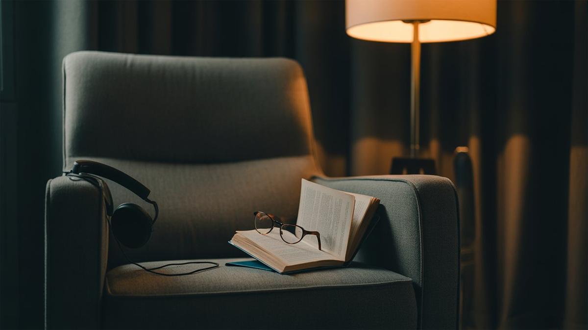 Reading armchair with book and headphones in warm lamplight