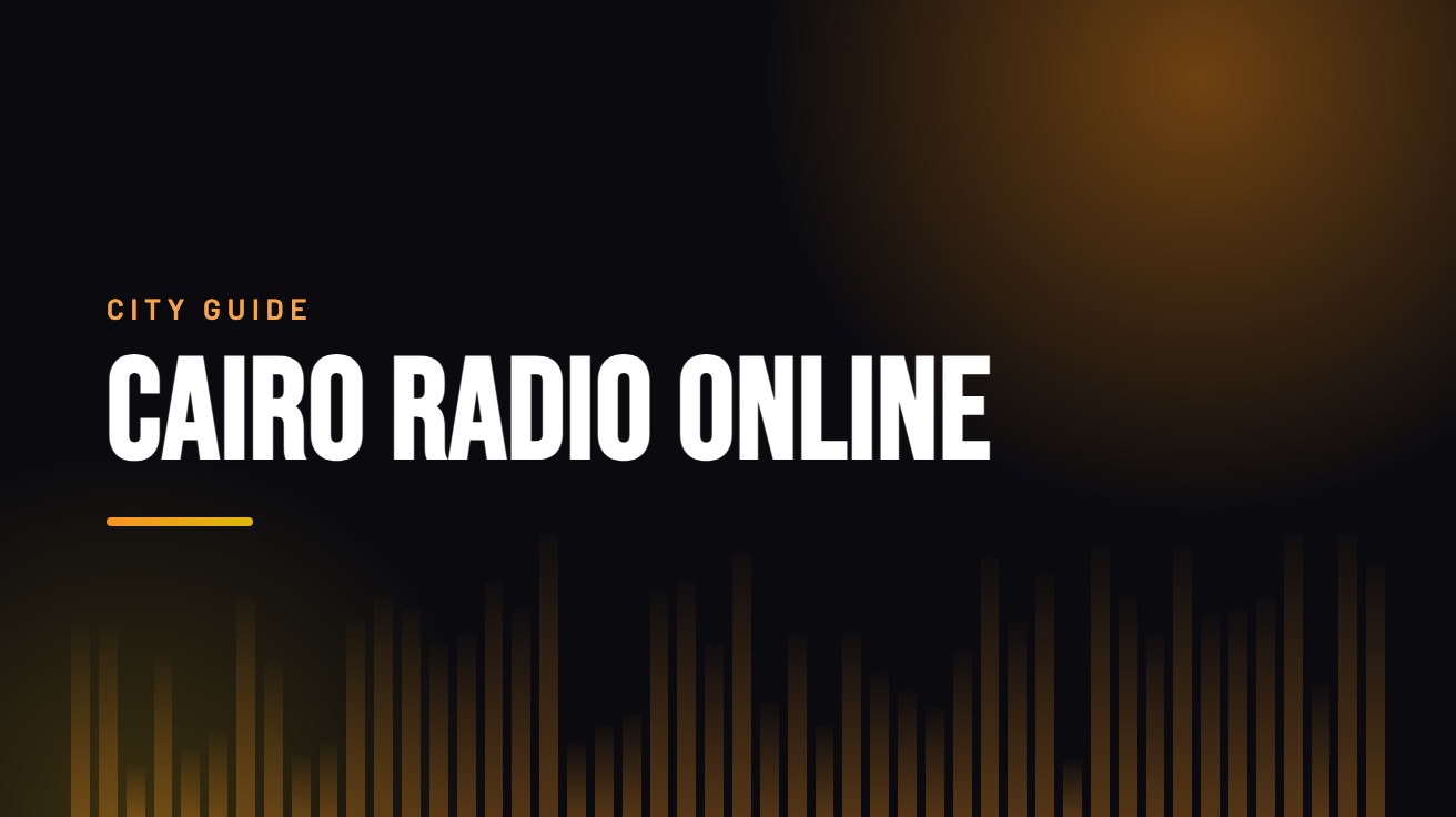 Title card for the guide: Cairo Radio Online, in amber on black with an equaliser motif