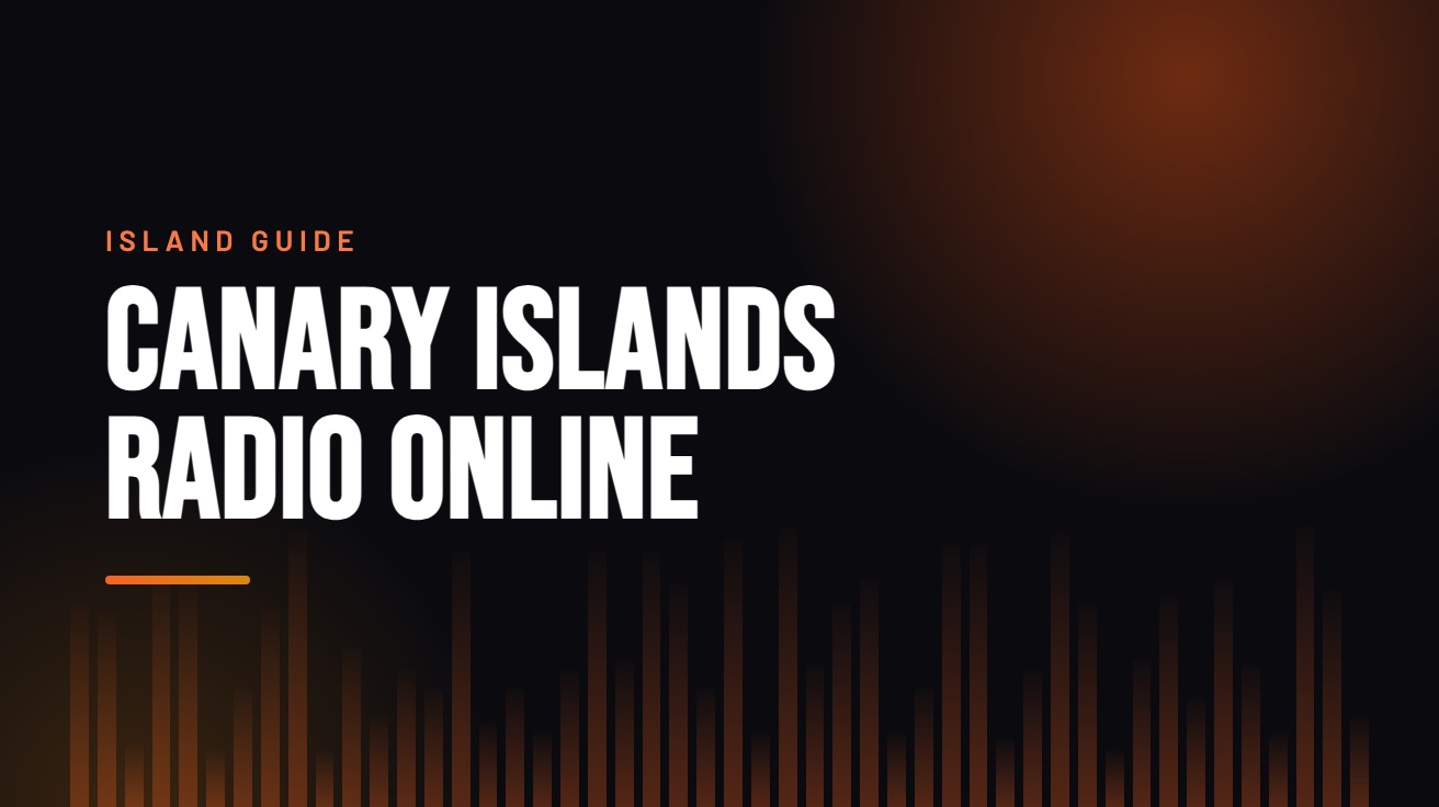 Title card for the guide: Canary Islands Radio Online, in amber on black with an equaliser motif