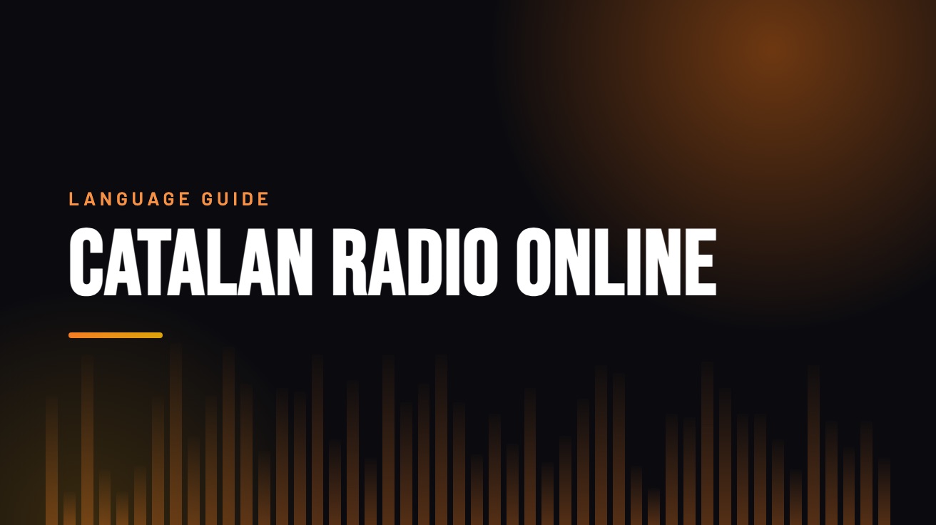 Title card for the guide: Catalan Radio Online, in amber on black with an equaliser motif