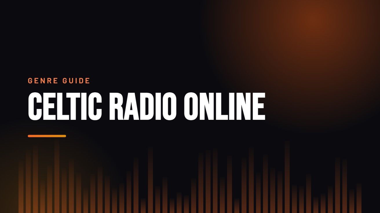 Title card for the guide: Celtic Radio Online, in amber on black with an equaliser motif