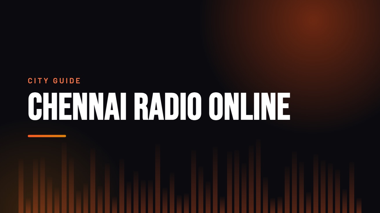Title card for the guide: Chennai Radio Online, in amber on black with an equaliser motif