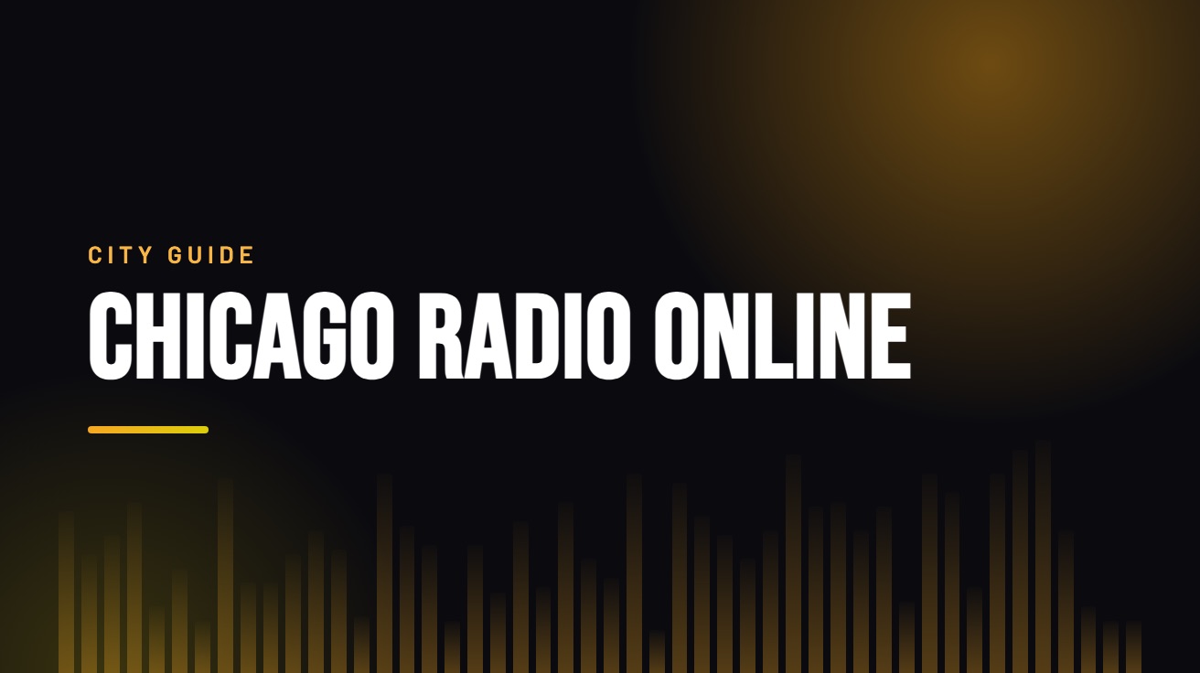 Title card for the guide: Chicago Radio Online, in amber on black with an equaliser motif