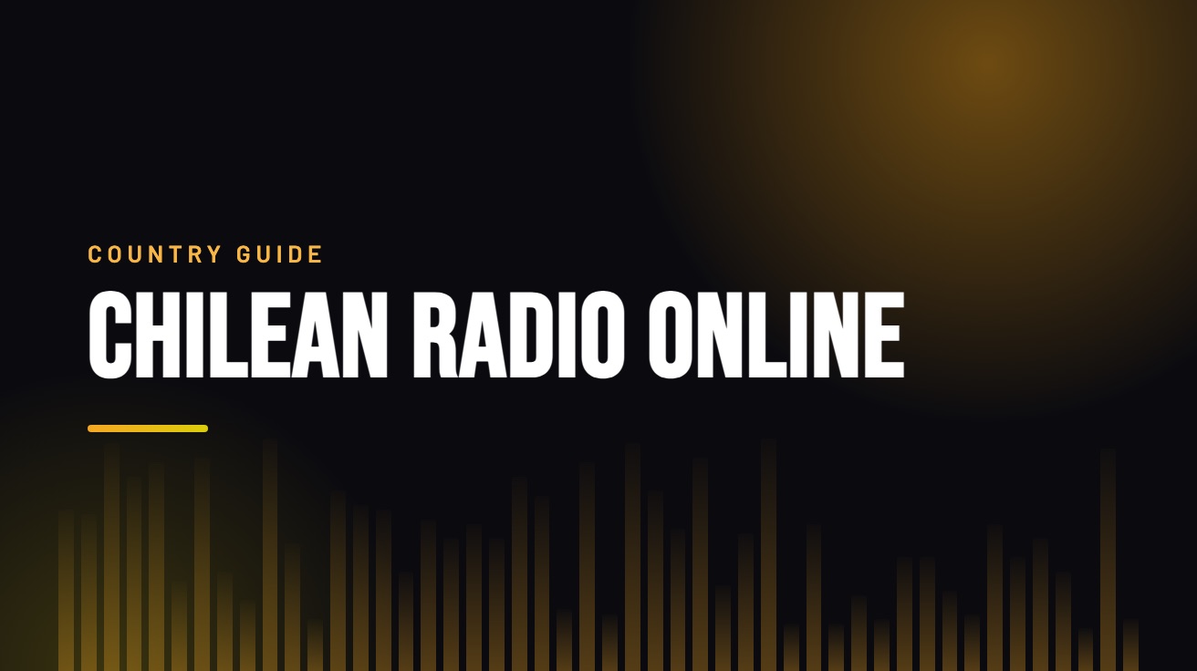 Title card for the guide: Chilean Radio Online, in amber on black with an equaliser motif