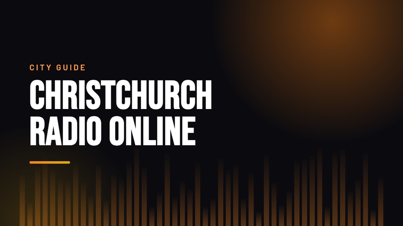 Title card for the guide: Christchurch Radio Online, in amber on black with an equaliser motif
