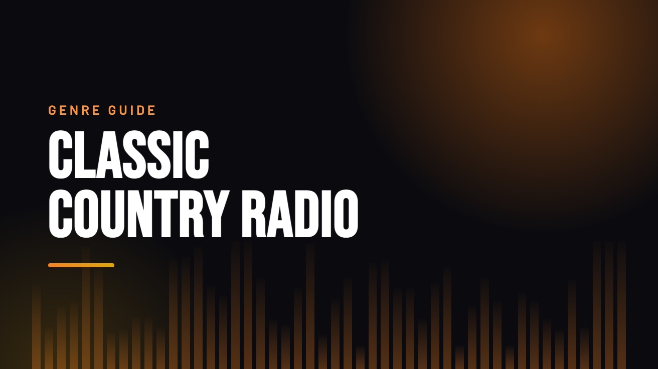 Title card for the guide: Classic Country Radio, in amber on black with an equaliser motif