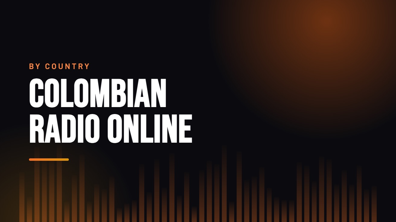 Title card for the guide: Colombian Radio Online, in amber on black with an equaliser motif