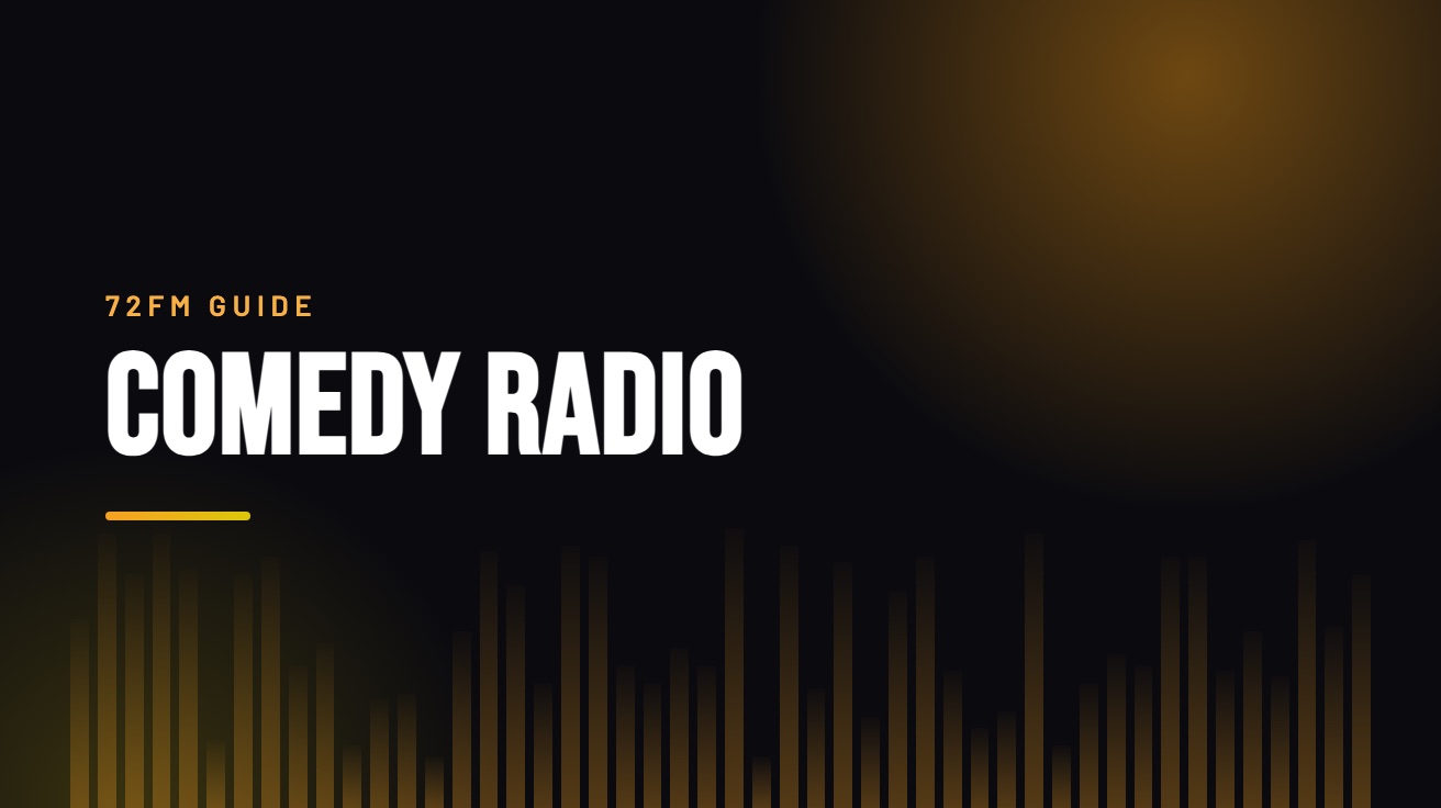 Title card for the guide: Comedy Radio, in amber on black with an equaliser motif