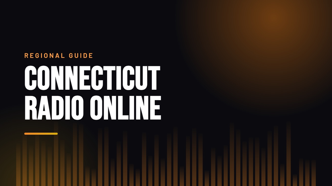 Title card for the guide: Connecticut Radio Online, in amber on black with an equaliser motif