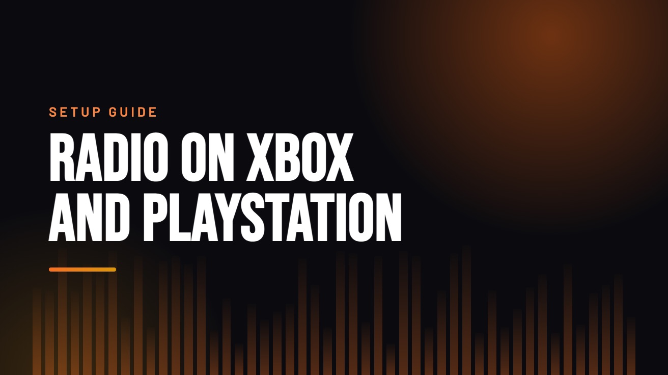 Title card for the guide: How to Listen to Radio on Xbox and PlayStation, in amber on black with an equaliser motif