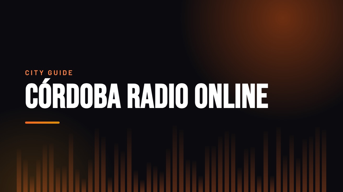 Title card for the guide: Córdoba Radio Online, in amber on black with an equaliser motif
