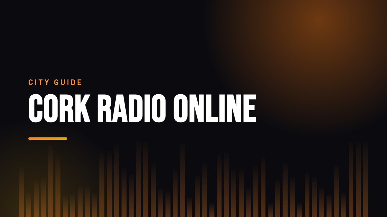 Title card for the guide: Cork Radio Online, in amber on black with an equaliser motif