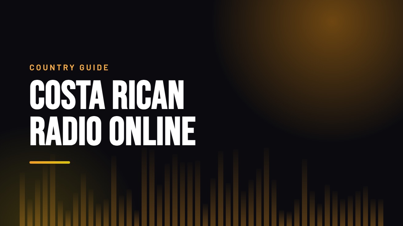 Title card for the guide: Costa Rican Radio Online, in amber on black with an equaliser motif