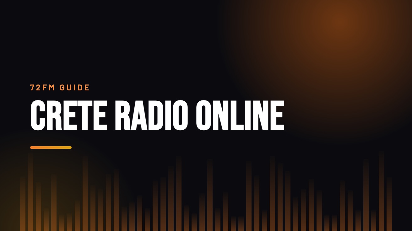 Title card for the guide: Crete Radio Online, in amber on black with an equaliser motif