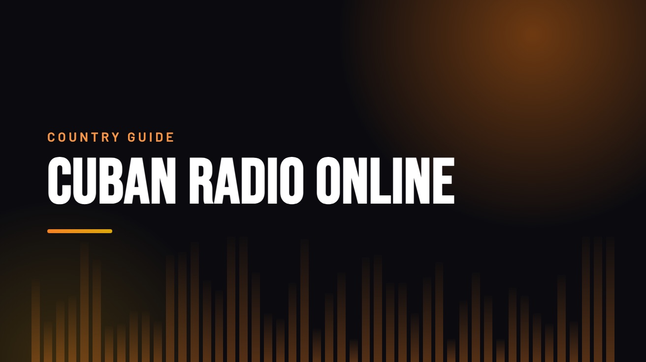 Title card for the guide: Cuban Radio Online, in amber on black with an equaliser motif
