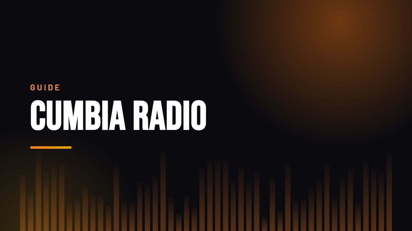 Title card for the guide: Cumbia Radio, in amber on black with an equaliser motif