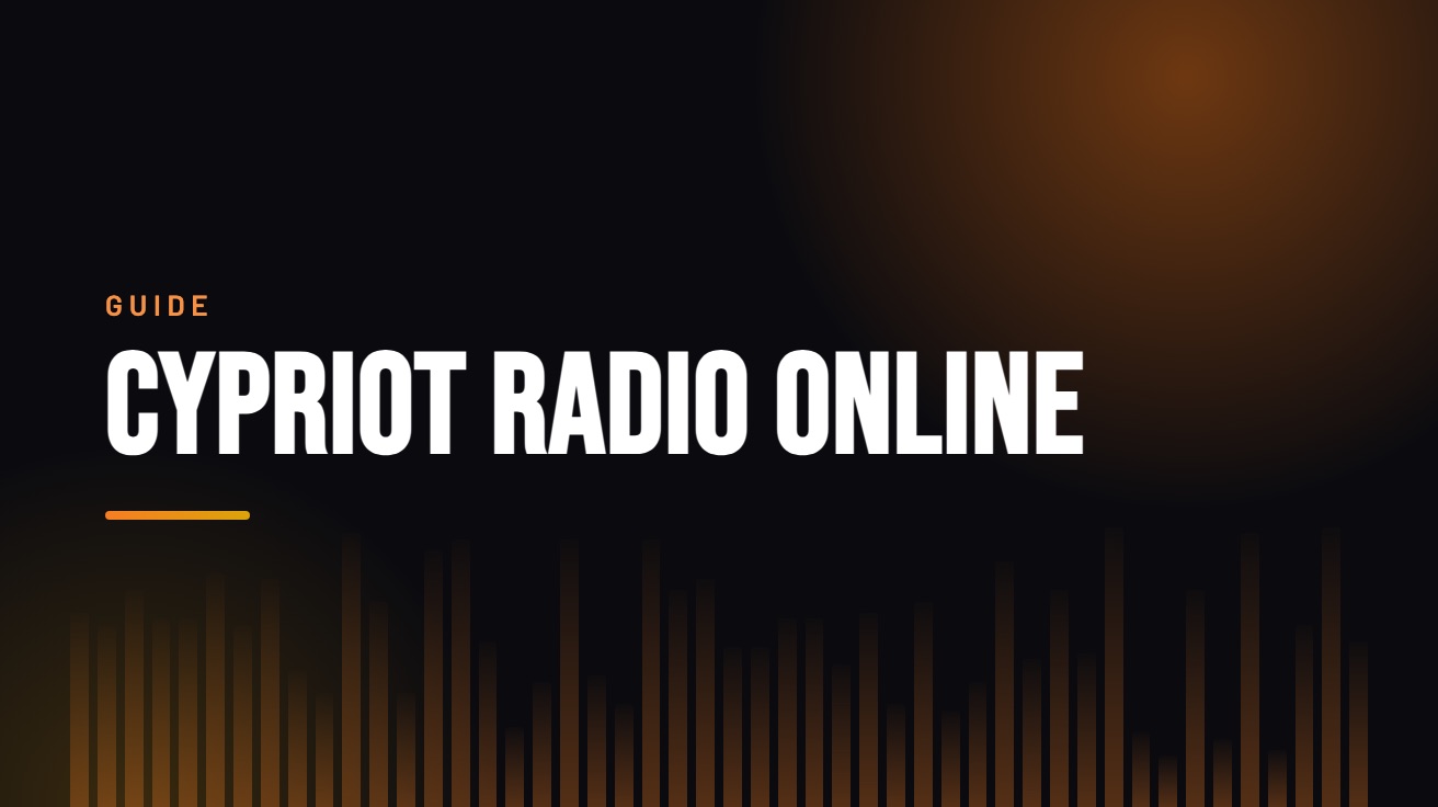 Title card for the guide: Cypriot Radio Online, in amber on black with an equaliser motif