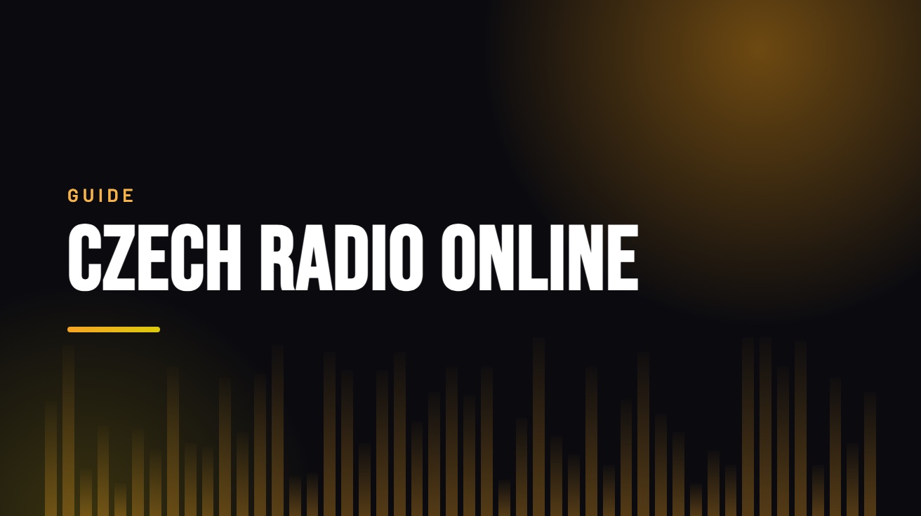 Title card for the guide: Czech Radio Online, in amber on black with an equaliser motif