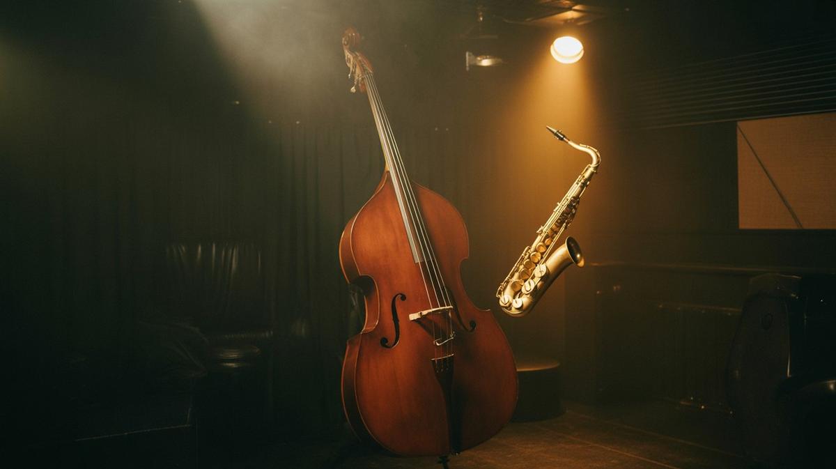 Double bass and saxophone on a dim jazz club stage