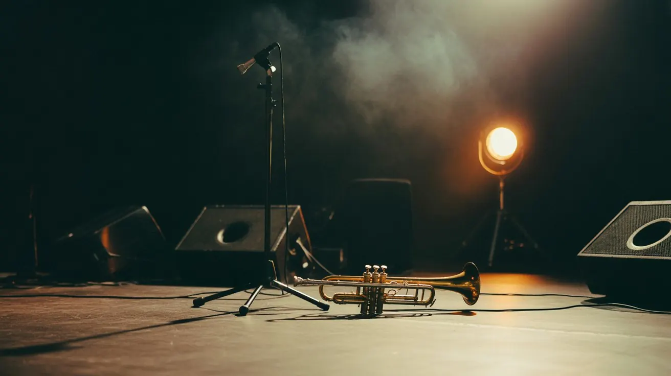 Trumpet on a stand on an empty jazz stage under a spotlight