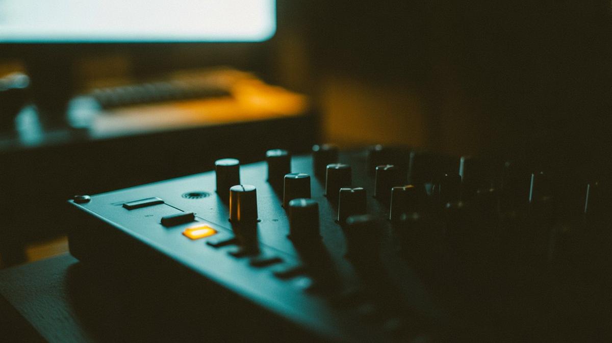 Synthesizer knobs glowing amber in a dark studio