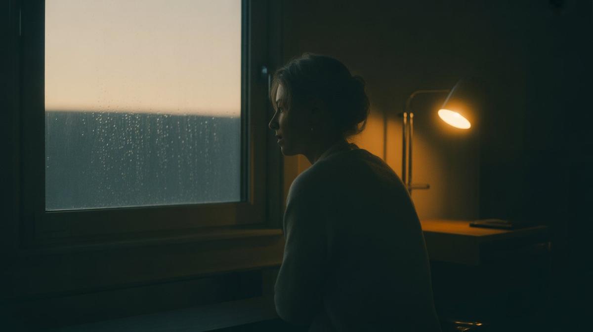 Silhouette watching rain from a calm dusk interior