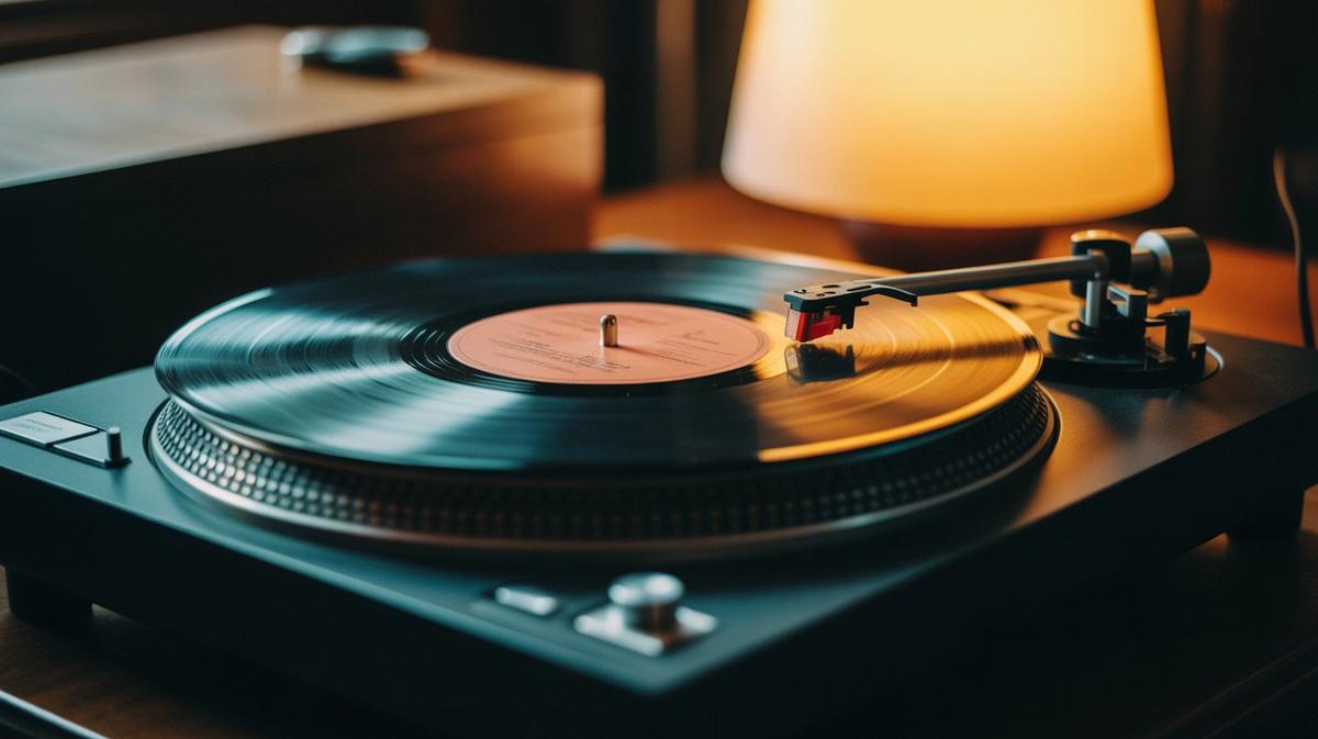 Vinyl record spinning on a turntable in warm lamplight