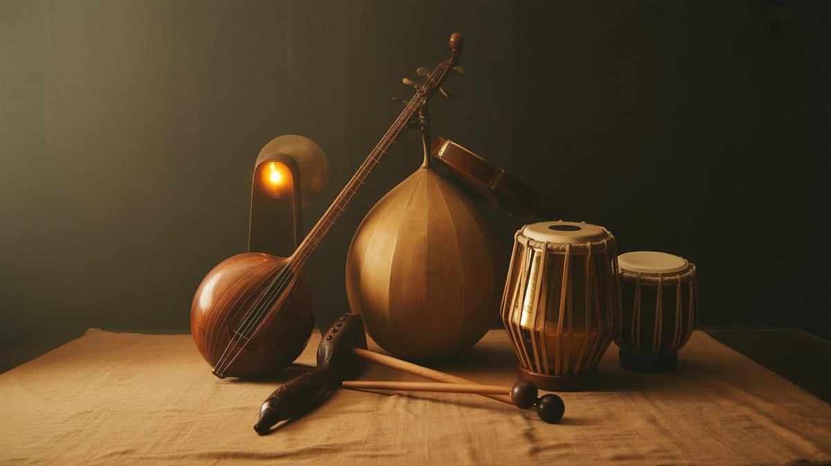 Global instruments arranged on warm textured wood