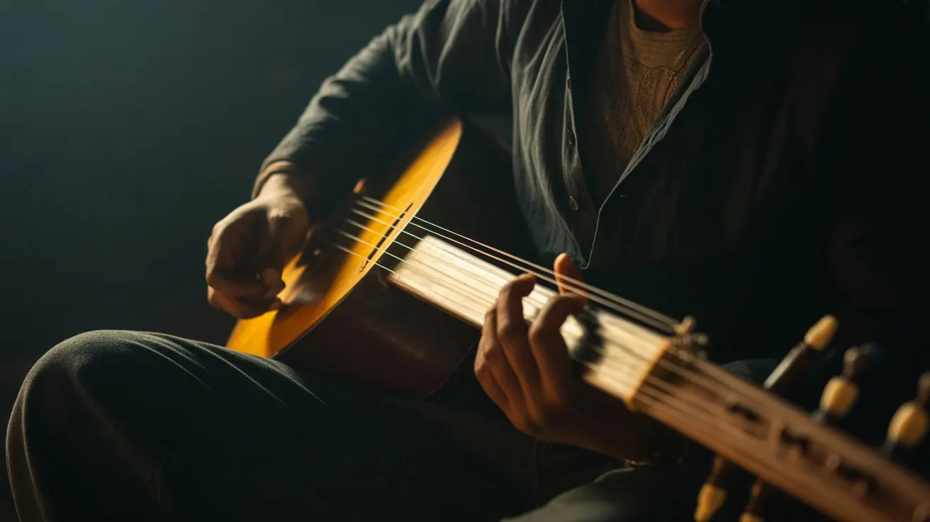 Hands playing a kora in warm golden light