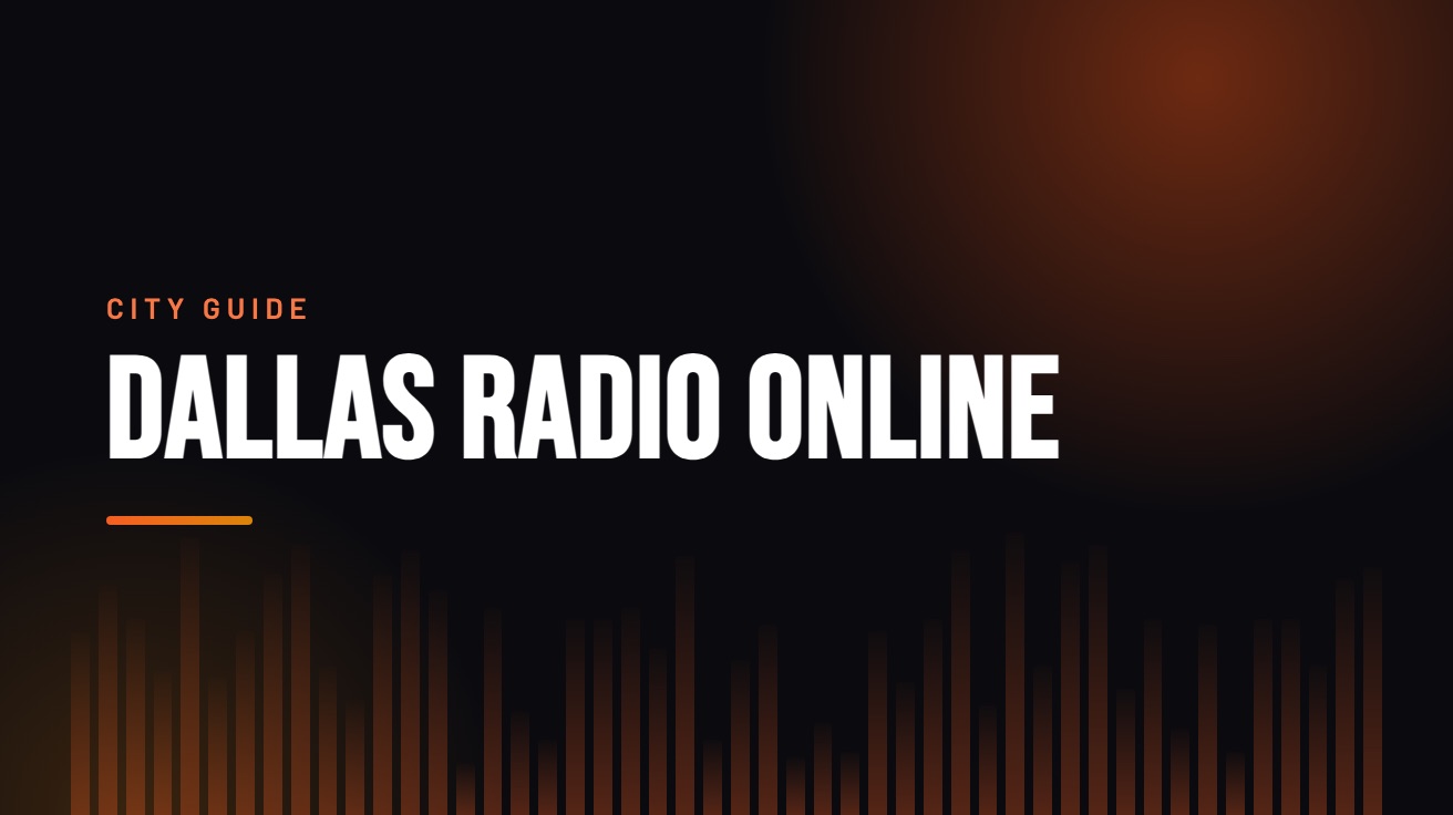 Title card for the guide: Dallas Radio Online, in amber on black with an equaliser motif