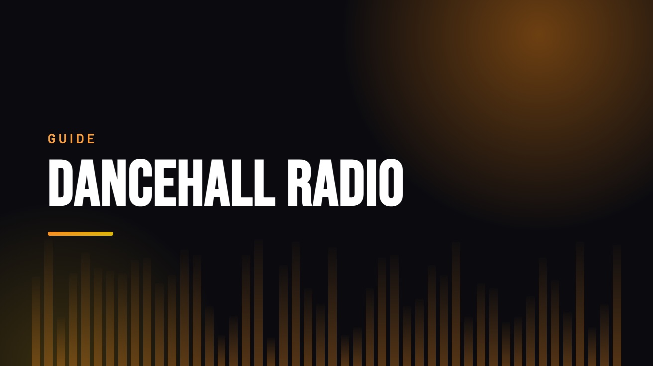 Title card for the guide: Dancehall Radio, in amber on black with an equaliser motif