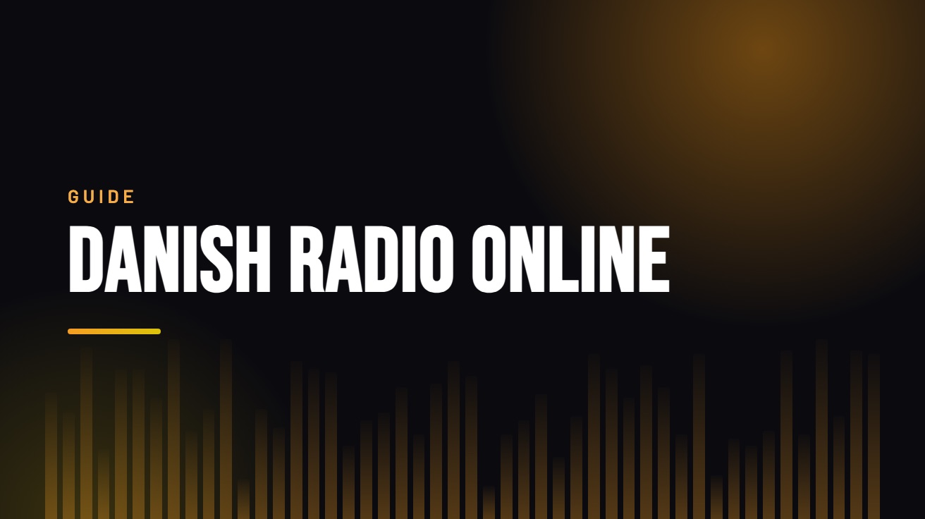 Title card for the guide: Danish Radio Online, in amber on black with an equaliser motif