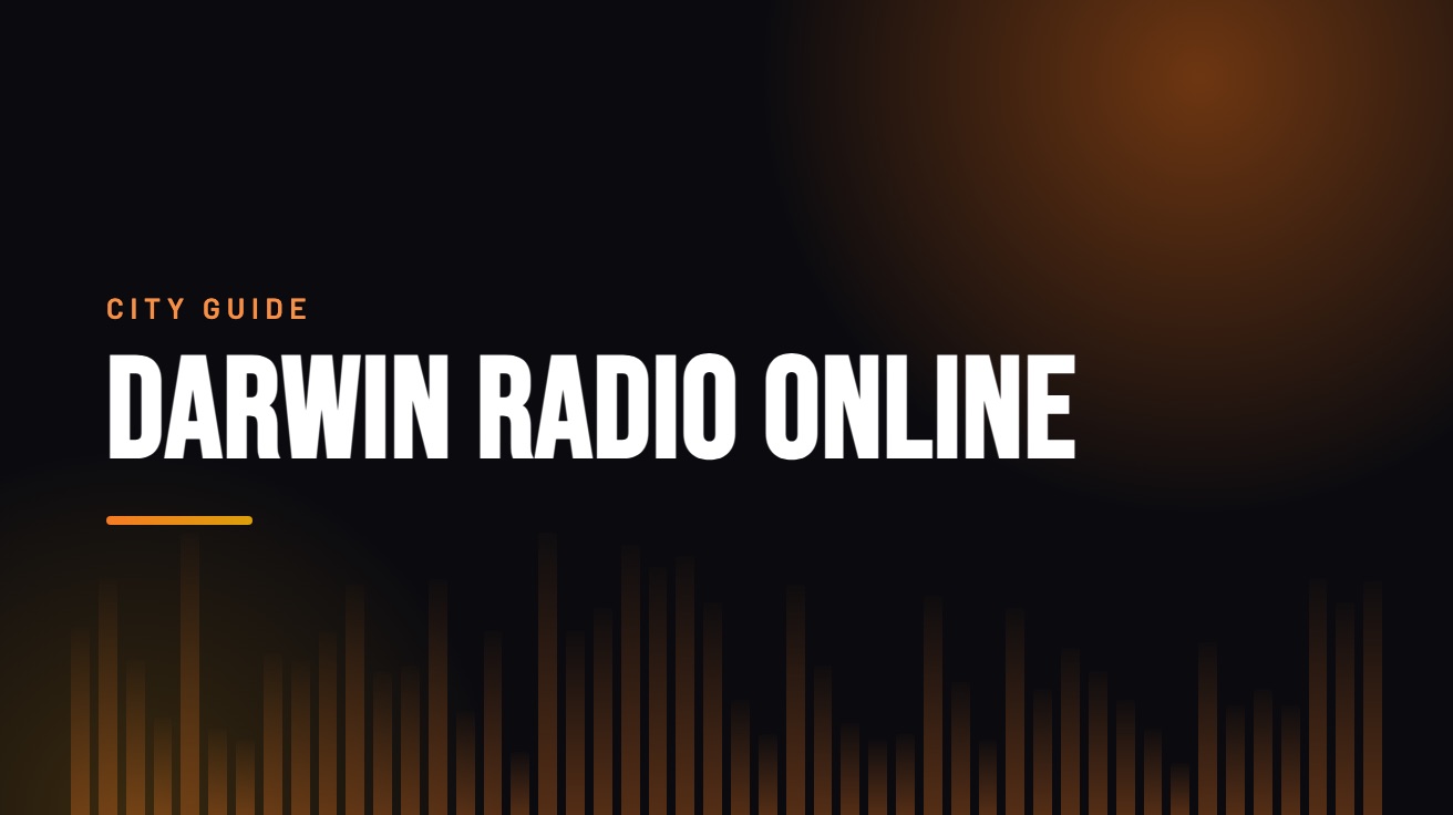 Title card for the guide: Darwin Radio Online, in amber on black with an equaliser motif