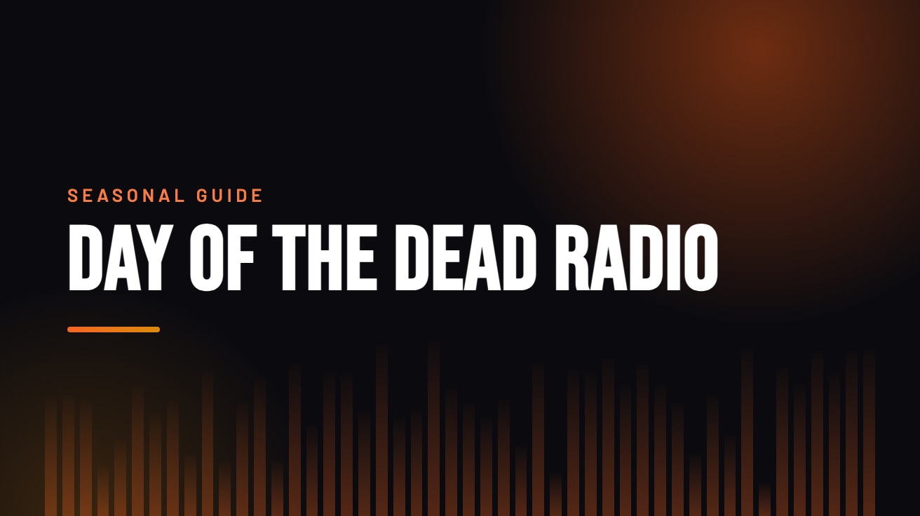Title card for the guide: Day of the Dead Radio, in amber on black with an equaliser motif