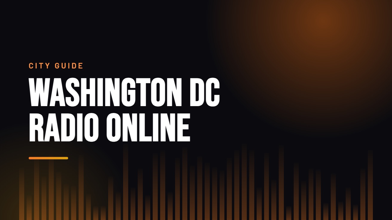 Title card for the guide: Washington DC Radio Online, in amber on black with an equaliser motif