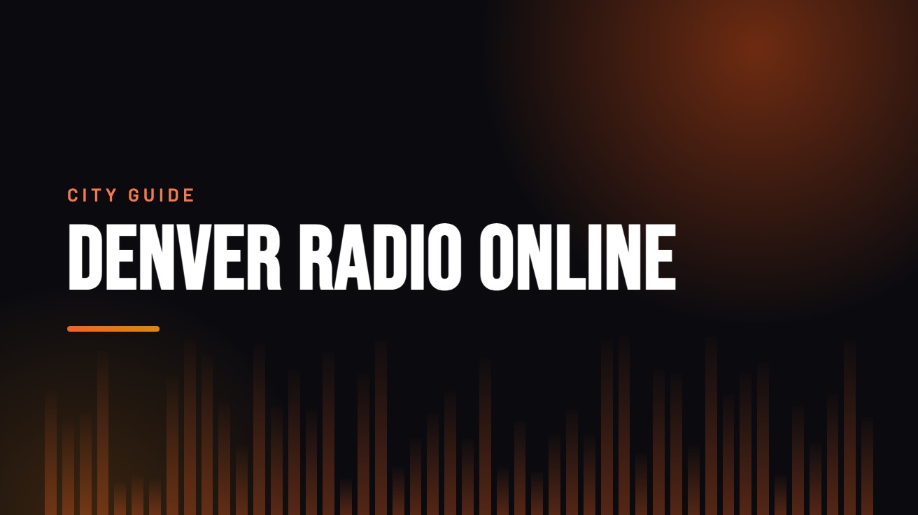 Title card for the guide: Denver Radio Online, in amber on black with an equaliser motif