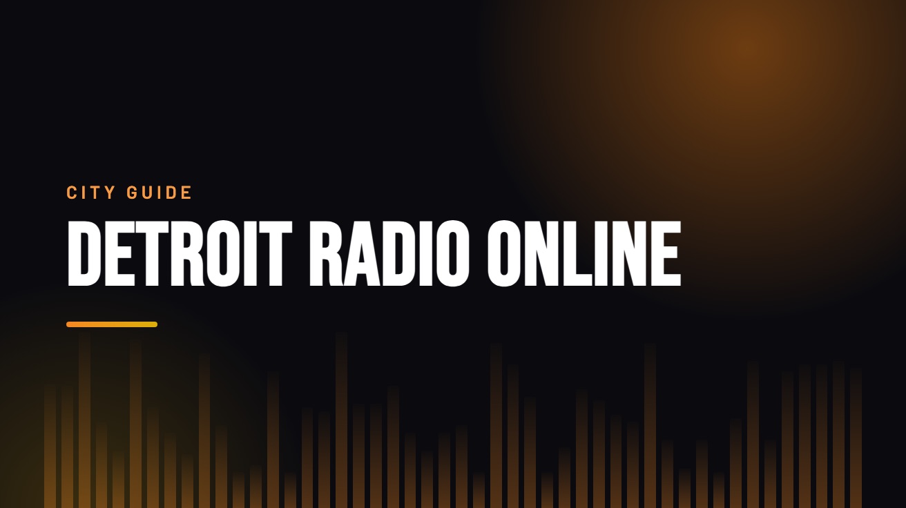 Title card for the guide: Detroit Radio Online, in amber on black with an equaliser motif