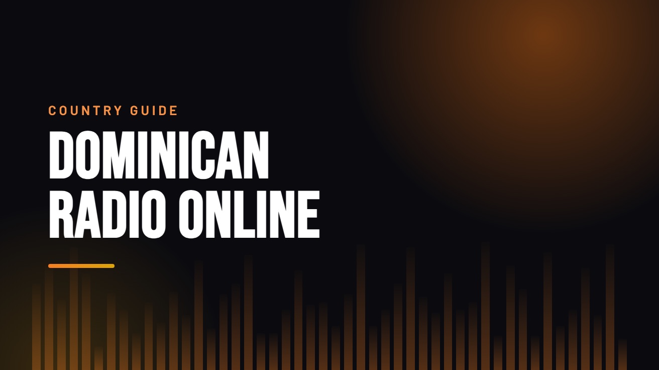 Title card for the guide: Dominican Radio Online, in amber on black with an equaliser motif