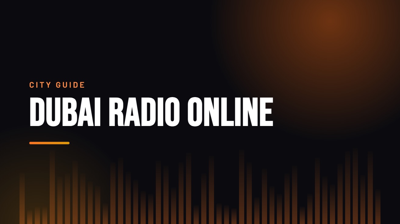 Title card for the guide: Dubai Radio Online, in amber on black with an equaliser motif
