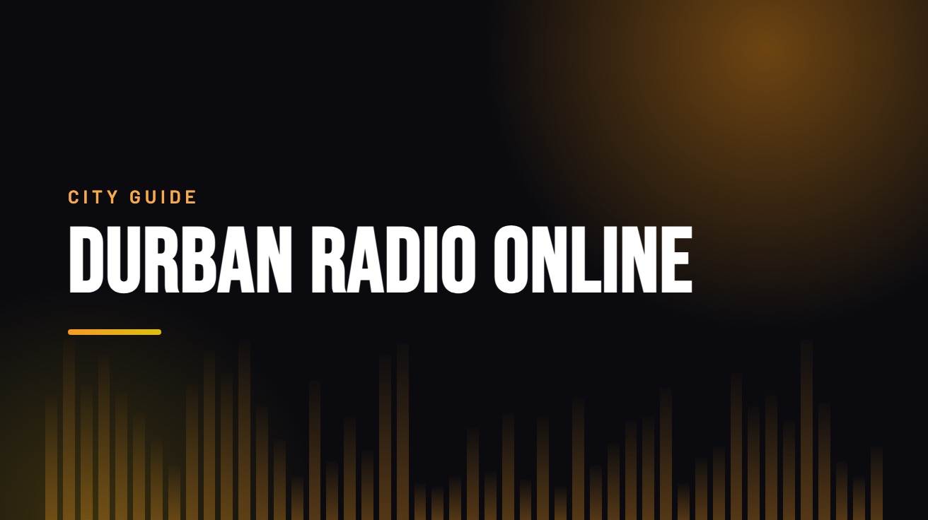 Title card for the guide: Durban Radio Online, in amber on black with an equaliser motif