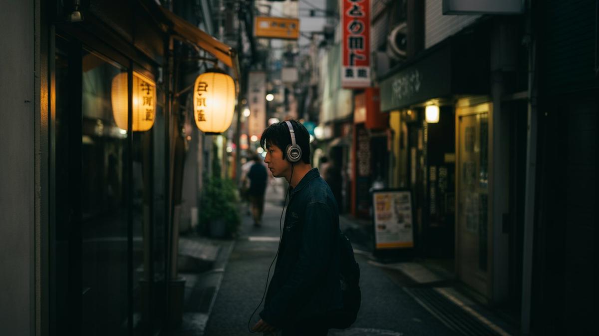 Tokyo alley at night with lanterns and a listener in headphones